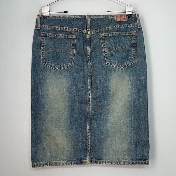 Y2K LEI Denim Skirt Size 9 Blue Vintage Wash Straight Slit Low Rise Midi Pencil - Picture 5 of 12